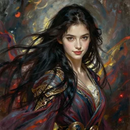 facial portrait of a young pretty woman in flowing dress, arrogant, mysterious, long fine flowing hair, delicate, looking at camera, slightly awkward smile, realistic face, no hands visible, intricate, stylish, elegant, grimdark fantasy, vibrant, extremely detailed painting by Greg Rutkowski and Ernst Haeckel and Edward Robert Hughes