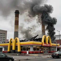 a derelict immense mcdonald's restaurant with yellow golden arches logo and tall smoke stacks crashed and broken in an urban area, fast food restaurant color scheme, thick black smoke billowing, overcast, dystopian, bad vibes, photorealistic, sharp focus, hyper detailed, octane render