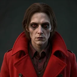 a close up of a person wearing a red coat, a character portrait by jerry eisenberg, cgsociety, photorealism, # vfxfriday, physically based rendering, strange