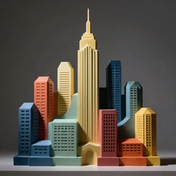 by neil welliver lively. sculpture. a cityscape. the different colors & shapes represent different parts of the city.