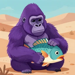 a purple gorilla hugging a generic fish in the desert