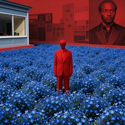 only with blue, a field of blue flowers, a single red male in suit standing between a flower field, in the style of beksinski, parts by edward hopper, parts by rodcenko, parts by yue minjun, intricate and epic composition, red by caravaggio, insanely quality, highly detailed, masterpiece, red light, artstation