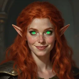 portrait of a female elf warlock, glowing green eyes, bushy red hair, freckles, smiling + medieval setting, detailed face, highly detailed, digital painting, artstation, concept art, sharp focus, illustration, art by greg rutkowski and artgerm
