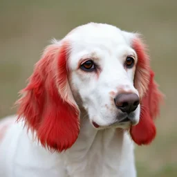 a dog with red circles on his white fur, very long ears