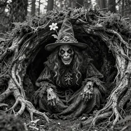 photography of old ugly witch with rotten face monster living in a root cave, edelweiss growing from her head, forest, dolomites, alpine, detailed intricate insanely detailed octane render, 8k artistic 1920s photography, photorealistic, black and white, chiaroscuro, hd, by David Cronenberg, Raphael, Caravaggio