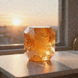 a giant cubic orange and yellow crystal on a white table near a window at sunset, hyperrealistic, highly detailed, high qualit, 8K, godrays, warm lighting, path traced, high coherence, calm, macro photo, symmetrical, photorealistic, low contrast, serene landscape, beautiful, geometric, 3D render, octane render, unreal engine 5