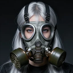 girl silver hair, gas mask, realistic illustration by Yoji Shinkawa and Krenz Cushart, cinematic