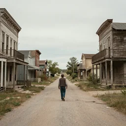 walking in the middle of a narrow road in a depression era crammed mid - west town that was abandoned w 6 0 0