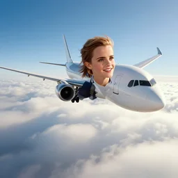 Emma Watson flying in the clouds next to an airliner