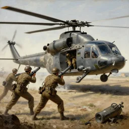 a painting of soldiers taking down a helicopter using a rocket launcher in the gulf war by Bernardo Bellotto, high detail, hyperrealistic, concept art, artstation, 8k