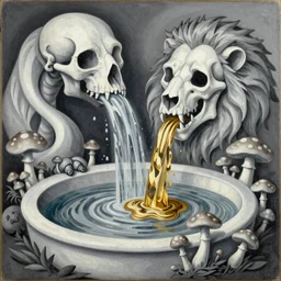 an cubism painting of an evil stream, made in tones of white and grey water pouring from a biomorphic lion skull, producing liquid gold, in a wild mushroom studded fountain, bath like style, in the style of Albert Gleizes, insanely detailed, loony toons style, isometric views, 8k