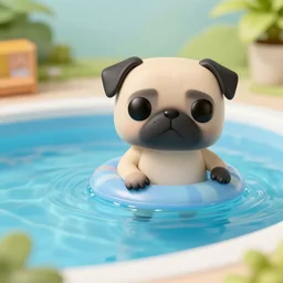 a Funko pop of a Pug floating in a pool