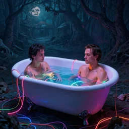 A bathtub full of water, neon, RGB, glowing wires everywhere, decay, by Edgar Maxence and Ross Tran, Zdzisław Beksiński, and Michael Whelan, distant, gustav dore, H.R. Giger, 8k, octane render