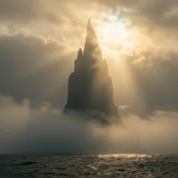 cthulhu rising from ocean mist smoke, rays of light, golden hour, low angle,, beautiful by marc adamus and katayama bokuyo and dawson