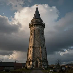 old tower in alien landscape with majestic clouds, rendered with octane ,  cinematic lighting, hdri, 8k