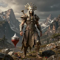 dissolution filter ,turbulence filter, fractal, costume design made by nordic tribes, sophisticated composition, old masters light composition, procedurally generated, drama human character posing for concept art, beautiful mountains behind, substance designer, PBR, HD, Ultra detailed, hyperrealistic, megascans, volumetric light, concept by master artist, made in paint tool SAI2, trending pixiv aesthetic face