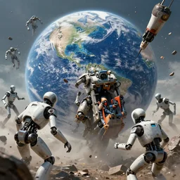 end of earth, falling debris, panic, apocalyptic misson, androgynous robots, rescue operation, hyperrealistic matte painting, 8 k, unreal engine 5, concept art, artstation, mark brooks, earl norem, john harris