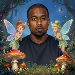 portrait of kanye west stars in the sky fairies with detailed faces enchanted forest mushrooms on the ground psychedelic wide angle shot white background vector art illustration gears of war by hieronymus bosch and frank frazetta