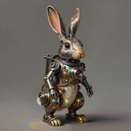 ultra realist soft painting of a single steampunk rabbit artist, very intricate details, volumetric rainbow lighting, reflections, refractions, symmetry accurate humanoid anatomy features, unreal render