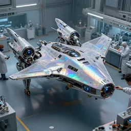 scientists creating an artificial alien highly detailed futuristic biomechanical thick quad wing combat spaceship constuction in a laboratory, 4 k : : architecture, product design, automotive design : :, iridesent subsurface scattering, photorealistic, art by stephen martiniere,