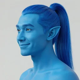 film still of a blue man looking sideways with [ [ blue ] ] [ skin ] and elegant smiling chiseled jaw, elf ears, a singular long blue ponytail flowing with the wind, blue hair is cropped on the sides of the ears, skin is blue, [ white ] [ background ], background is white 8 k, 8 5 mm f 1. 8