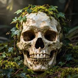 overgrown skull inspired by René Laloux,Dan Mumford,ivy vines,moss