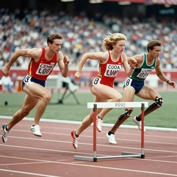The matrix, LeeLoo, Starship Troopers, Clarice Starling, 1960'Olympics footage, hurdlers in a race with robotic legs, intense moment, cinematic stillframe, shot by Roger Deakins, The fifth element, vintage robotics, formula 1, starring Geena Davis, clean lighting
