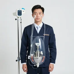 a formal portrait photograph of a salesman attached to a neural squid dialysis machine. tubes sprawling from his eyes. his stomach is transparent and filled with a toilet factory