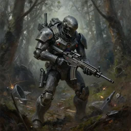grim oil painting of weaponized high technology battlefield in a forest, magali villeneuve, trending on artstation