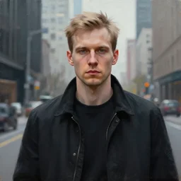 masterpiece painting of a portrait of a clean shaven dark blonde Russian man, black jacket and short Hair in a modern city, featured in artstation, concept art by Greg Rutkowski, WLOP, Dan Mumford, Christophe Vacher