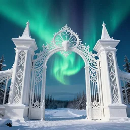 a very detailed concept art of intricate and well designed white gates to laplandia, infused with aurora borealis by greg rutkowski, dynamic lighting trending on artstation, symmetry, digital art, 4 k, hyper realistic, octane render, sharp focus