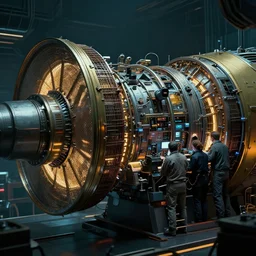 closeup of a highly futuristic technical warp engine booster of a spacecraft with engineers working, cyberpunk, moody, luminescent, rule of thirds, golden ratio, ambient lighting, syd mead, greg rutkowski, wlop, artgerm, artstation, highly detailed masterpiece