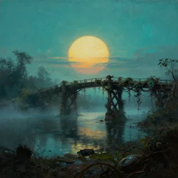 very textured post apocalyptic moody panoramic cinemascope background, sunset cyan fog , giant sun, vine bridge backlight , bridge over lake ,dramatic sky ,  backlight , high detail gritty moody oil painting by frazetta