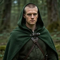 a portrait of a handsome hobbit rogue wearing a dark green hood and a cloak in the forest, wearing adventure gear, ultra realistic, detailed, masterpiece, short hair cut, buzz cut hair, clean shaven, by Greg Rutkowski, trending on ArtStation