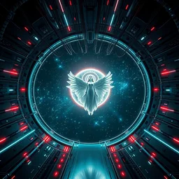 just only one lonely symmetry cyberpunk round portal to the deep space star waves!! bad omens, in the style of bonestell, chesley, casson, and a. j. dramatic lighting. soft edges. the ceiling is hung with chaotic cables, a grace goddess floating in the center. cinematic. 8 k, octane render. ultra clear detailed.