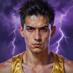 raijin with golden harm band. strong storm with purple lightnings in the background. realistic, highly detailed, oil painting in a modern style, very detailed and symmetrical face, painted by greg rutkowski, sachin teng, thomas kindkade, tony sandoval