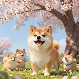 hyper realistic cute fluffy shiba inu plays under the cherry blossom tree, by simon stalenhag, frank frazetta, greg rutkowski, beeple, yoko taro, christian macnevin, wlop and krenz cushart, epic fantasy character art, volumetric outdoor lighting, midday, high fantasy, cgsociety, cheerful colours, full length, exquisite detail, post - processing, masterpiece, cinematic