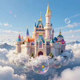 flying cloud castle, bubble buildings, illustration, bright, blue sky, mountains, colorful, cinematic lighting, fantasy, high detail, masterpiece, artstation, 4 k, art by wylie beckert