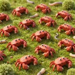 voidless of the festival!, large group of crabs and worms, crawling along a bed of moss, low poly, creeper world, handcrafted, artstation, hyperrealistic, hard light, best practices, creeptastic, photorealism, macro perspective, cuddly