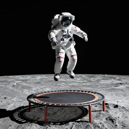 astronauts jumping on a trampoline on the moon