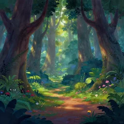 a disney background art painting, a wide shot of an enchanted forest with dappled lighting on the ground, tall large trees, foliage and flowers in the underbrush, disney feature animation painting, the art of pixar,