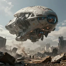 A long shot of a huge futuristic alien ship landing in a post apocalyptic world, high detail photo, 4K