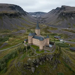 A castle in the middle of a mountain greenland. Shot from a birds eye camera angle.