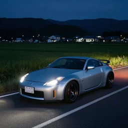 Beautiful Photograph of Nissan 350z on a road in Japanese countryside, Night