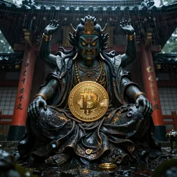 deformed multi armed god of bitcoin in a rain-soaked shrine, Japan, japanese god, gold and bitcoin, crypto, dark and mysterious, stopped in time, atmospheric, ominous, eerie, cinematic, Epic, 8k, 4k, ultra detail, ultra realistic, trending in artstation, rendered by awesomeness