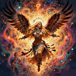 majestic dancing eagle woman, long blonde hair, engulfed in funkadelic aura, 1 1 1 1, lakota sioux, surreal illustration, alphonse mucha, rhads, ross tran, artstation, artgerm, octane render, 1 6 k