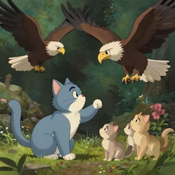a wholesome illustration of a Cat protecting its kittens from eagles, studio Ghibli, Pixar and Disney animation, sharp, Rendered in Redshift and Unreal Engine 5 by Greg Rutkowski, Bloom, dramatic lighting