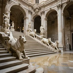 photo of flooded infinite classic halls and statues with many huge marble staircases minotaur classic statues sculptures decrepit derelict abandoned piranessi