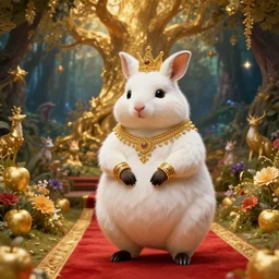 quokka deity, fat figure, cute, elegant, furry, white, gold, warm, wearing a crown, bracelets and necklaces, red carpet, figure, realistic, hair detailing, background is heavenly, wonderland at night, the light in the deep forest full of mythical creatures of the picture, according to european art, golden sacred tree, golden apple, flower garden, hyper realistic render.