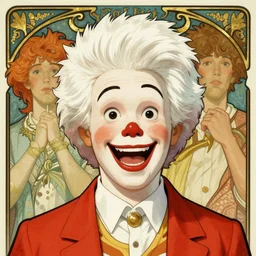 close up portrait of ronald mcdonald by artgerm, cushart krenz, greg rutkowski, mucha. art nouveau. gloomhaven, swirly lunar ripples, pale colors, sharp edges. ultra clear detailed. 8 k. elegant, intricate, octane render